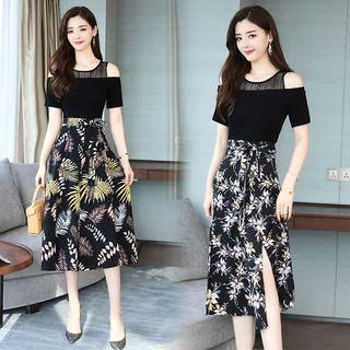 Mock Two-piece Cold Shoulder Midi A-line Dress
