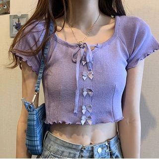 Cap-sleeve Bow-front Cropped Knit Top