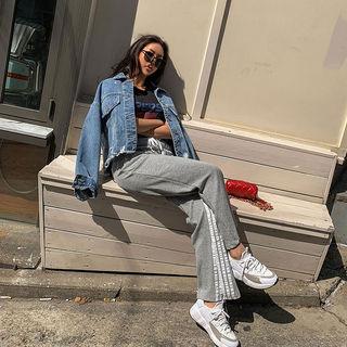 Letter Print Fray-hem Denim Jacket Light Blue - One Size