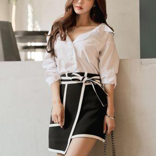 Plain Shirt/ Asymmetric Hem Contrast-trim Mini A-line Skirt/ Set