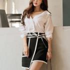 Plain Shirt/ Asymmetric Hem Contrast-trim Mini A-line Skirt/ Set