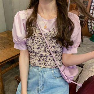 Puff-sleeve Plain Top / Sleeveless Floral Top