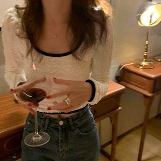 Contrast Trim Crewneck Ruched Long-sleeve Cropped Top
