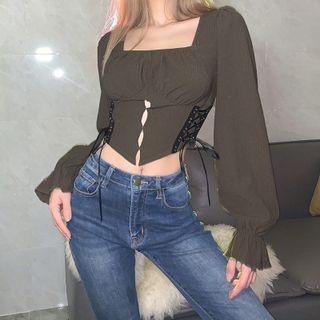 Long-sleeve Asymmetrical Lace-up Cutout Crop Top