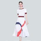Mock Two-piece Short-sleeve Printed Midi A-line Dress