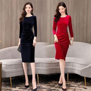 Velvet 3/4-sleeve Shirred Midi Sheath Dress