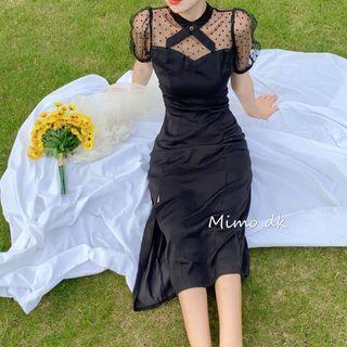 Balloon-sleeve Dotted Mesh Panel Midi A-line Dress