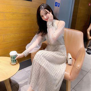 Lantern-sleeve Mesh Sequined Midi A-line Dress