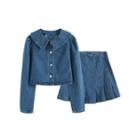 Set: Denim Cropped Blouse + Pleated Mini A-line Skirt