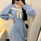 Long-sleeve Ribbon Knit A-line Dress Blue - One Size