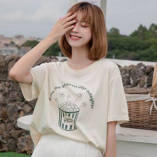 Lettering Popcorn Short-sleeve Round Neck T-shirt