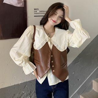 Bell-sleeve Collar Blouse / Single-breasted Vest