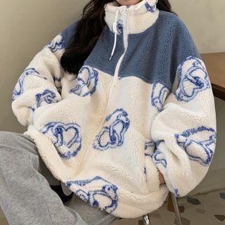 Two-tone Zip-up Fleece Heart Print Jacket