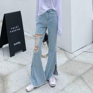Washed Ripped Split Bell-bottom Jeans