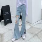 Washed Ripped Split Bell-bottom Jeans