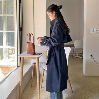 High-neck Snap-button Trench Coat With Sash