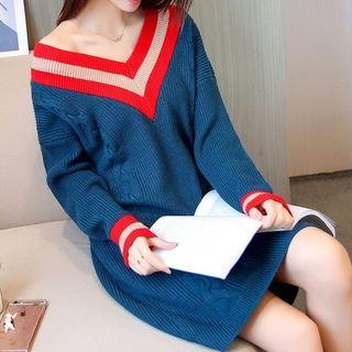 Colour Block V-neck Long-sleeve Knit Dress