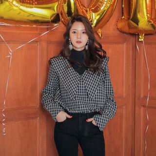Turtleneck Wide Chelsea-collar Check Blouse