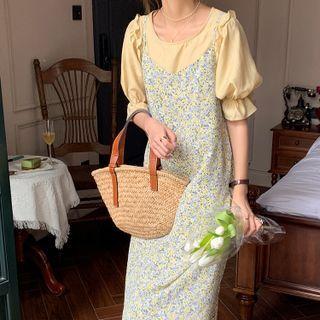 Spaghetti Strap Floral Print Dress / Short-sleeve Blouse