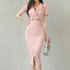 Set: Short-sleeve Double-breasted Cropped Blazer + Midi Pencil Skirt