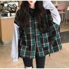 Plaid Panel Hooded Jacket Green - One Size