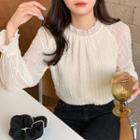 Long Sleeve Frill Trim Embroidered Chiffon Blouse