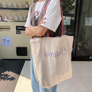 Canvas Embroidered Tote Bag Smiley Face - One Size