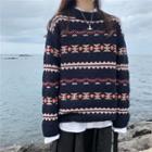 Round-neck Long-sleeve Sweater Sapphire Blue - One Size