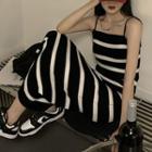 Spaghetti-strap Striped Knit Midi Sheath Dress Stripes - Black & White - One Size