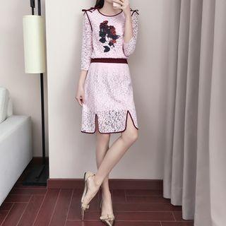 Set: 3/4-sleeve Floral Lace Top + Skirt