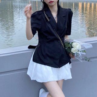 Elbow-sleeve Button Jacket / Mini A-line Skirt
