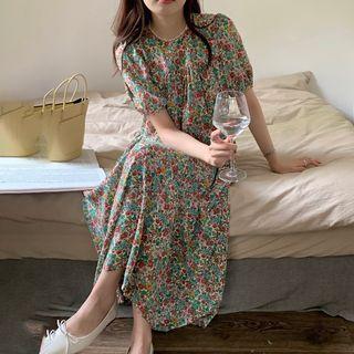 Short-sleeve Floral Midi A-line Dress Floral - Green & Red - One Size