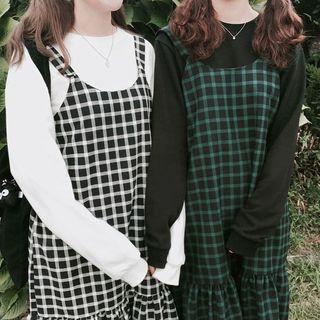 Spaghetti-strap Check Ruffle Dress
