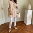 Knot-front Longline T-shirt Light Beige - One Size