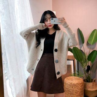 Snap-button Loose-fit Rib-knit Cardigan