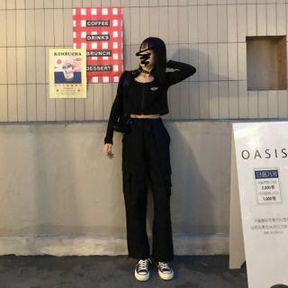 Long-sleeve Zip Crop Top / Drawstring Waist Wide-leg Pants