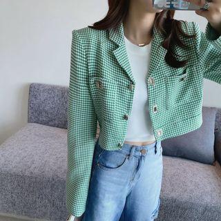 Long-sleeve Cropped Houndstooth Square Button Jacket