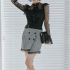 Set: Mesh Panel Blouse + Plaid Mini Pencil Skirt