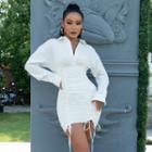 Long-sleeve V-neck Drawstring Ruched Cutout Mini Dress