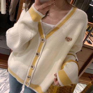 Bear Embroidered Contrast Trim Cardigan