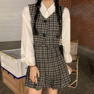 Shirt / Plaid Vest / Mini A-line Skirt