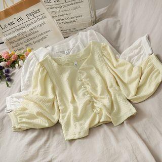 Embossed Ruched Button-down Crop Top