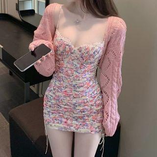 Pointelle Knit Cropped Cardigan / Spaghetti Strap Flower Print Mini Sheath Dress