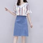 Set: V-neck Printed Short-sleeve Top + High Waist Denim Skirt