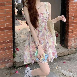 Spaghetti Strap Floral Print Mini A-line Dress / Plain Light Cardigan