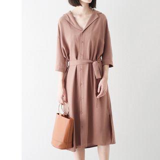 Plain 3/4-sleeve Midi Shirt Dress