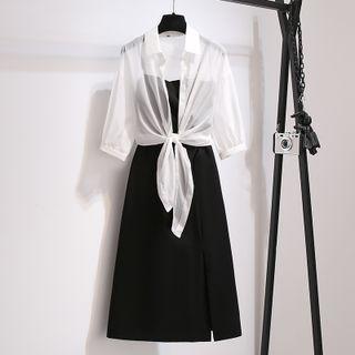 Set : Sleeveless Slit Dress + Short-sleeve Plain Cover-up