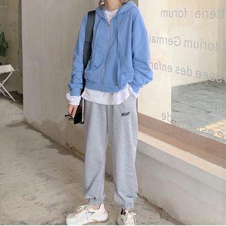Long-sleeve T-shirt / Hooded Zip Jacket / Lettering Embroidered Sweatpants