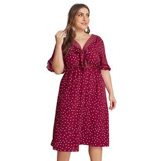 Short-sleeve Lace Trim Dotted A-line Dress