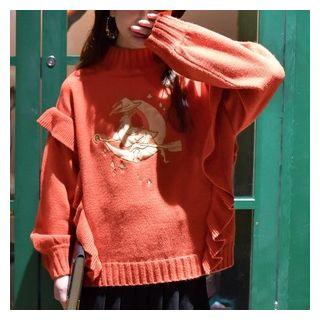 Witch Applique Ruffled Mock-turtleneck Sweater